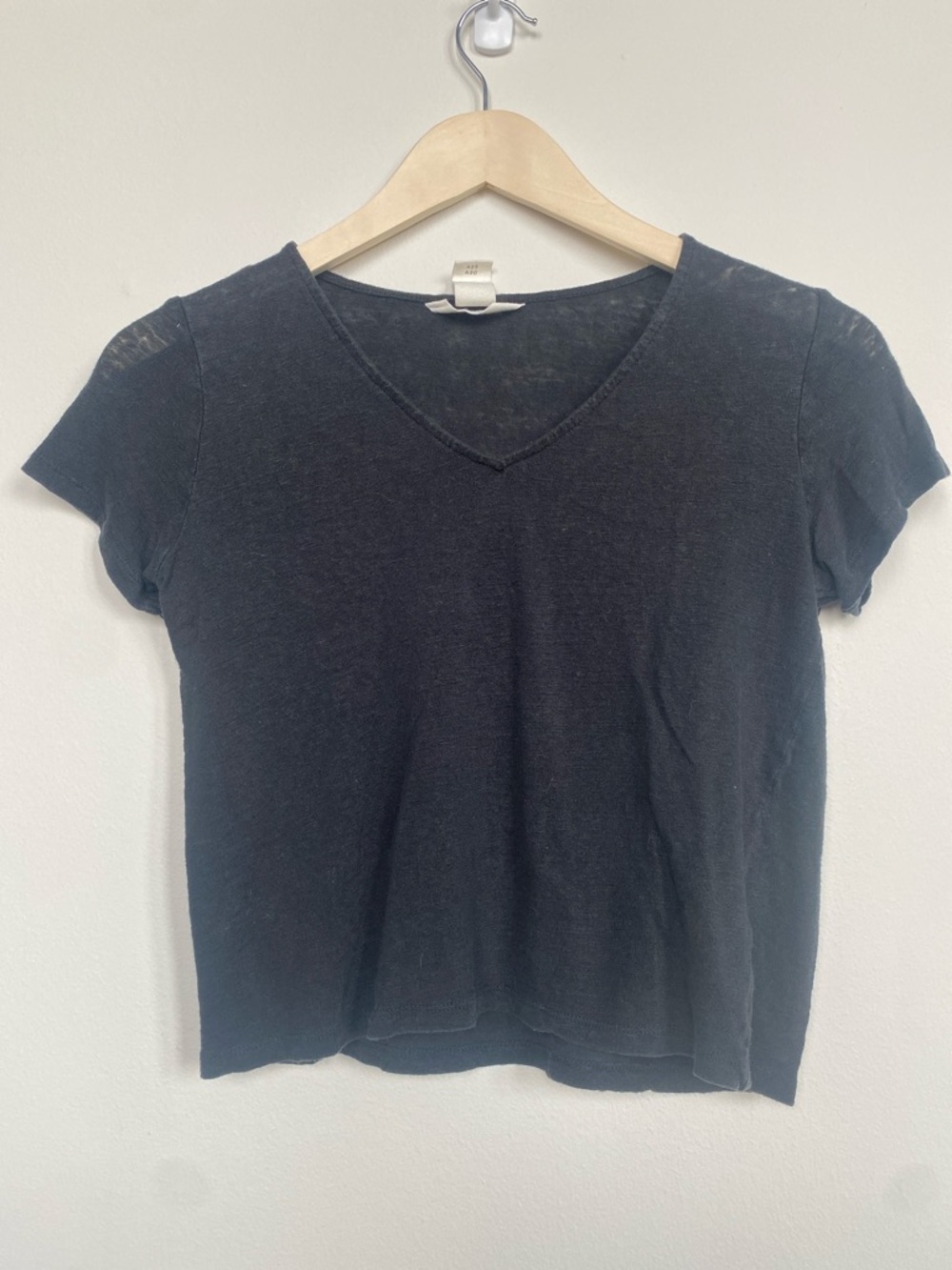 H&M, Linen Black V-Neck Short Sleeve Tee